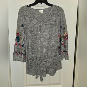 Gray Tie-Front Blouse with Floral Embroidery NWOT